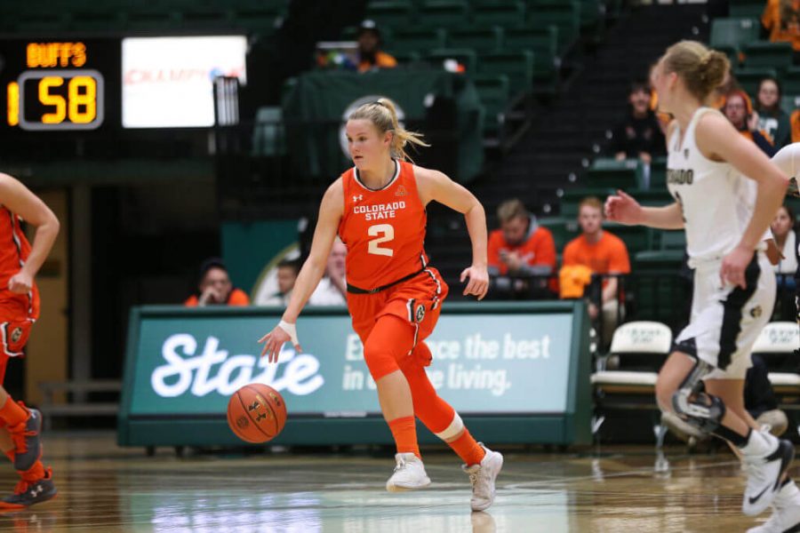 Redshirt senior Stine Austgulen moves the ball up the court during the fourth quarter of play against the Colorado Buffaloes on Dec. 6. The Rams fell in a hard fought battle 70-67 in Moby Arena. (Elliott Jerge | Collegian)