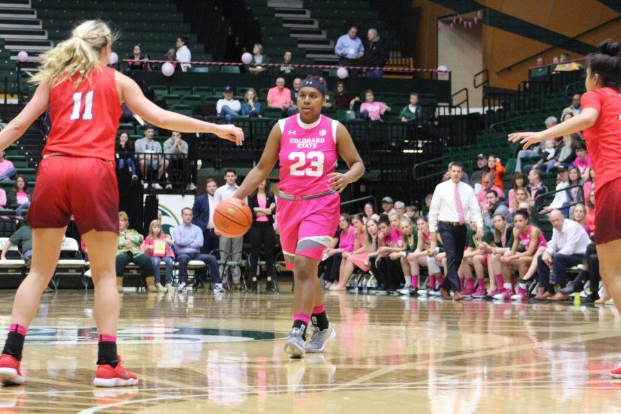 Redshirt Freshman, Grace Colaivalu takes the ball upcourt, trying to set up the offense for the Rams. (Joshua Contreras | Collegian)