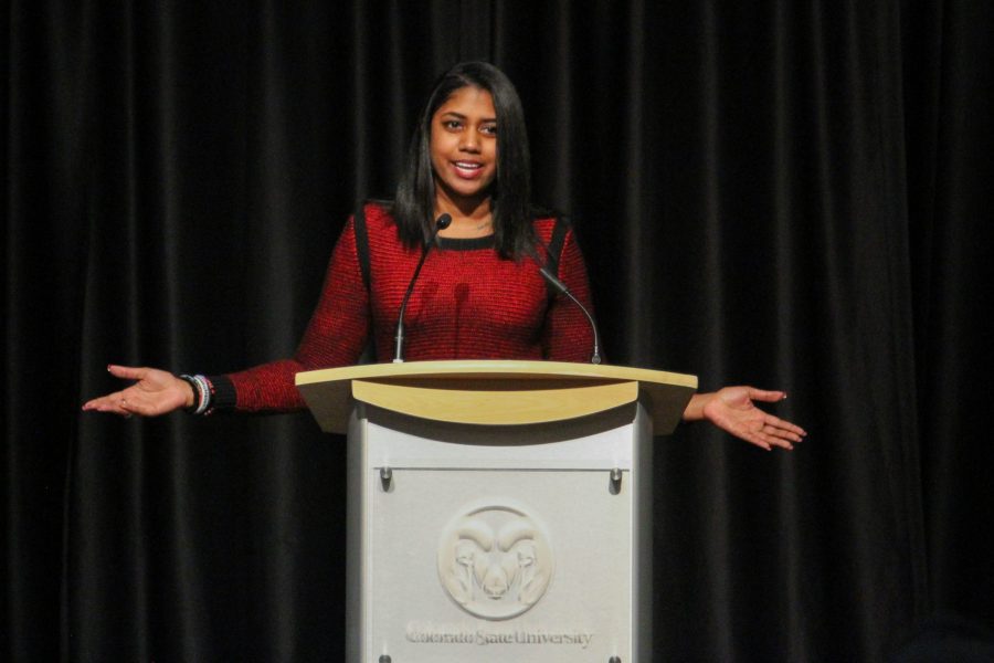Michelle Mendoza performs her spoken word poem "Here I Stand," as part of the Black History Month Kick Off Event on Feb. 1. (Ashley Potts | Collegian)