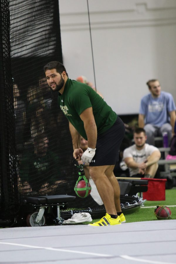 Senior Mostafa Hassan competes in the weight throw at the CU Open in Boulder on Feb. 3, 2018. Hassan won the event with a throw of 18.87m (61 11). (Jack Starkebaum | Collegian)