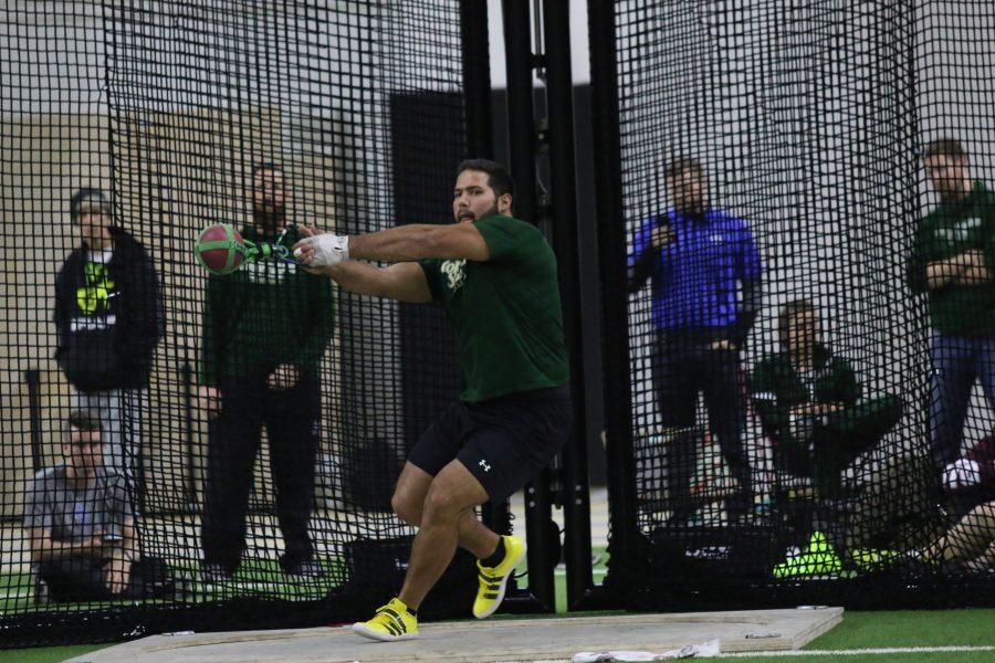 Senior Mostafa Hassan competes in the weight throw at the CU Open in Boulder on Feb. 3, 2018. Hassan won the event with a throw of 18.87m (61 11). (Jack Starkebaum | Collegian)