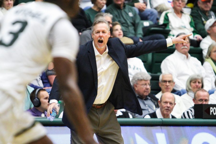 Interim coach Steve Barnes yells from the sidelines during the Nevada game. Barnes is stepping in while CSU investigate head coach, Larry Eustachy. (Ashley Potts | Collegian)