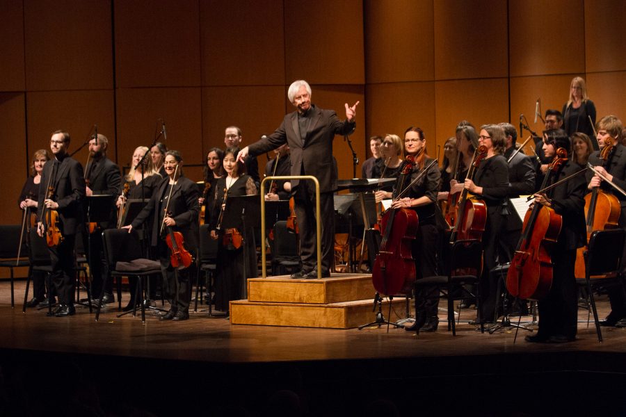 Conductor Wes Kenny prepared to lead the Fort Collins Symphony in a bow before intermission during their performance at the Lincoln Center on Saturday, Feb. 3, 2018. Wes Kenny directed for the entire duration of the performance, however, some of the musicians switched during the intermission. (Josh Schroeder | Collegian)