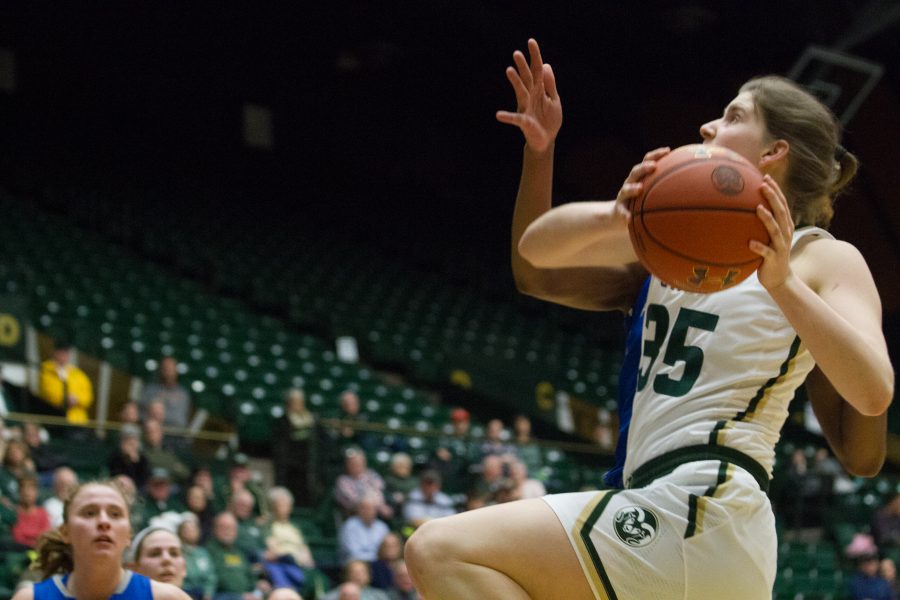 CSU guard Lore Devos goes up for the layup during the fourth quarter in the game against the Air Force Falcons on Wednesday, February 7, 2018. During the game at Moby Arena, Lore Devos was part of a bench effort that outscored the Falcons 28-0. (Josh Schroeder | Collegian)
