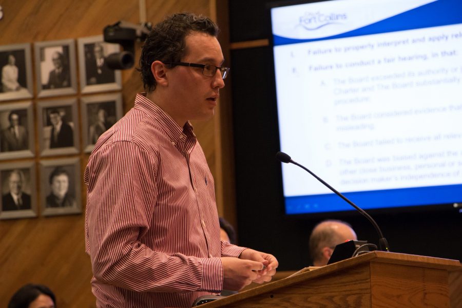 Rory Heath, a CSU alumni, speaks at Fort Collins City Council Tuesday night. Heath is appealing the potential new student housing complex, The Union on Elizabeth. (Erica Giesenagen | Collegian)