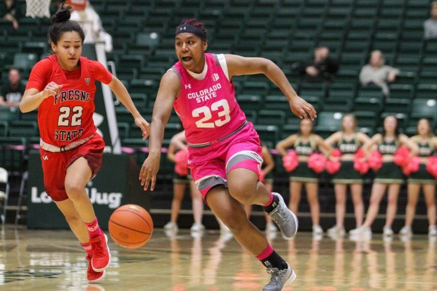 Grace Colaivalu sprints past a Fresno State defender during the pink out game on Feb. 17. The Rams fell to the Bulldogs 75-64 in overtime. (Ashley Potts | Collegian)