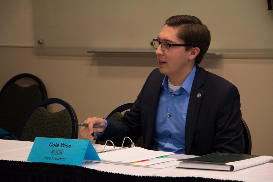 Cole Wise, vice-president of ASCSU, speaks at the Student Fee Review Board Meeting Monday afternoon. In the meeting, budget costs for various organizations were discussed, including the counseling budget and medical budget of the CSU Health Network (Erica Giesenhagen | Collegian).
