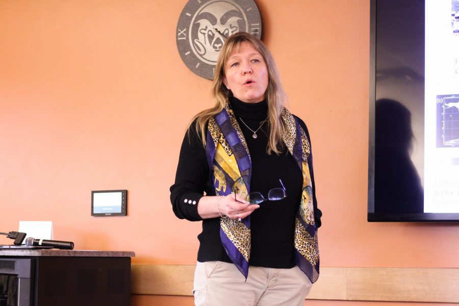 Sue Van Den Heever, a professor of atmospheric science, discusses environmental issues in Africa at a panel discussion hosted by CSUs Africa Center on Feb. 20. (Ashley Potts | Collegian)