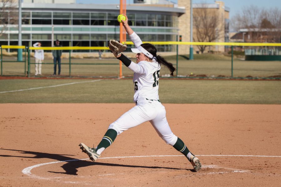 Senior Kaylynn Pierce pitches in the home opener against University of Northern Colorado. The Rams beat the Bears 9-4. (Ashley Potts | Collegian)