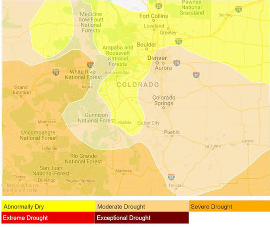 This map of Colorado shows the percentage of the state in different drought conditions. Courtesy of PlantMaps Drought Monitor.