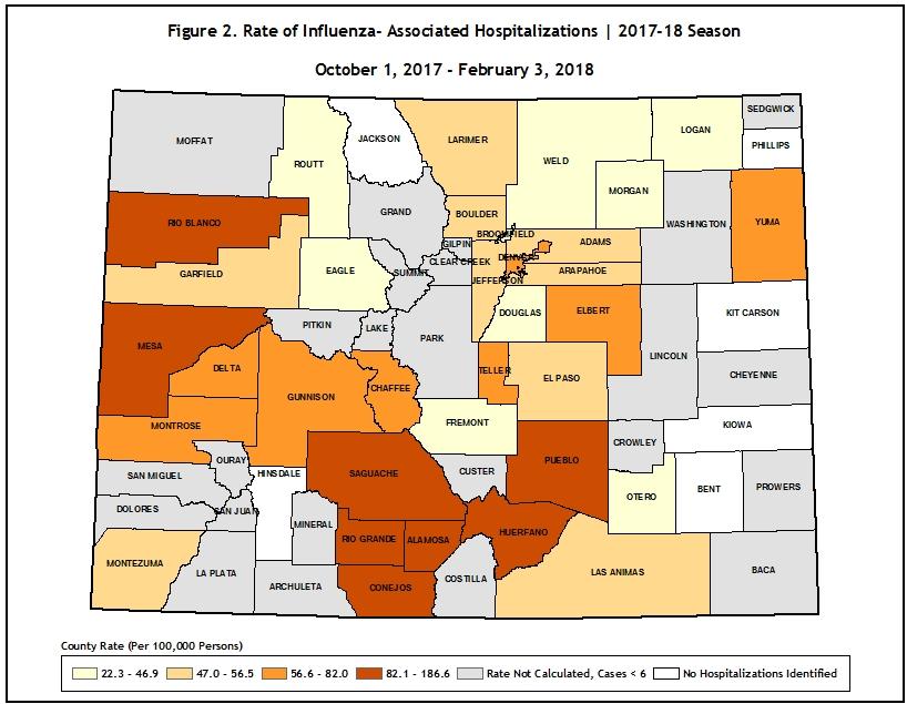 A map of Colorado shows that flu is most heavily clustered in Southern counties.