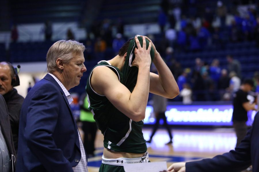 Colorado State interim coach Steve Barnes and sophomore forward Nico Carvacho react to the Rams 78-73 loss to Air Force Tuesday night. (Davis Bonner | Collegian)