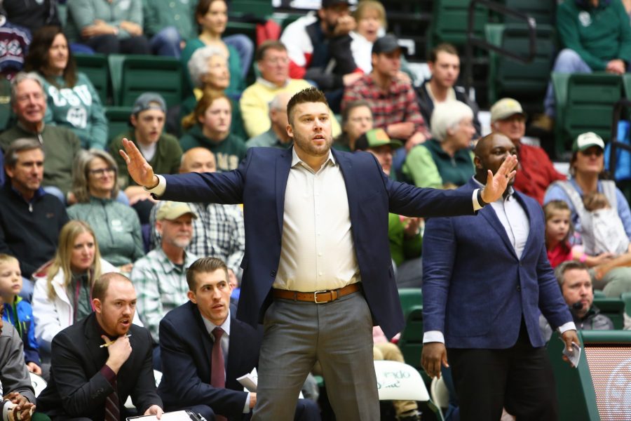 Colorado State interim head coach Jase Herl reacts to a call during the first half against San Jose state. (Davis Bonner | Collegian)
