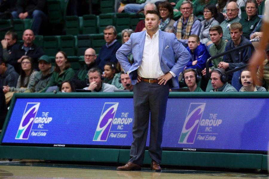 Colorado State Interim Head Coach Jase Herl looks out onto the court during the first half of action against the Boise State Broncos at Moby Arena on Feb. 21. (Elliott Jerge | Collegian)