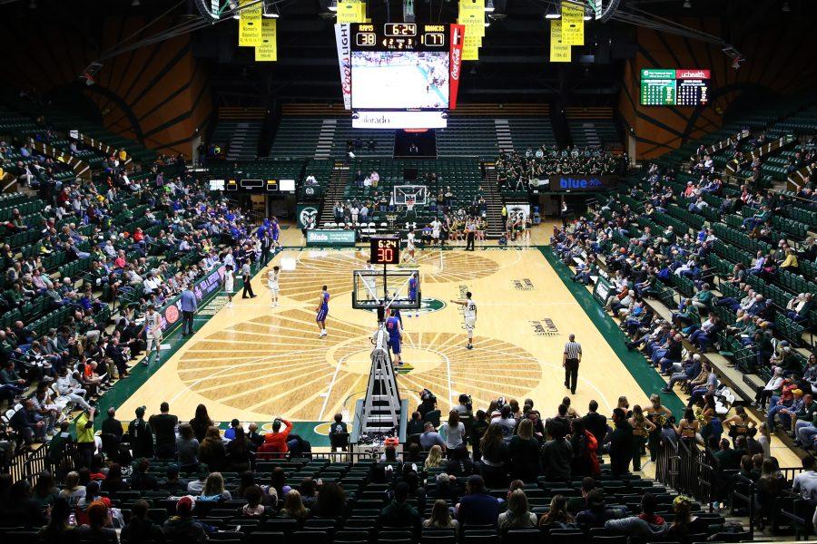 Moby Arena looks empty during the final minutes of a Mens Basketball Game against the Boise State Broncos on Feb. 21. About 25% of the seats are filled with fans scattered all over the arena. (Elliott Jerge | Collegian)