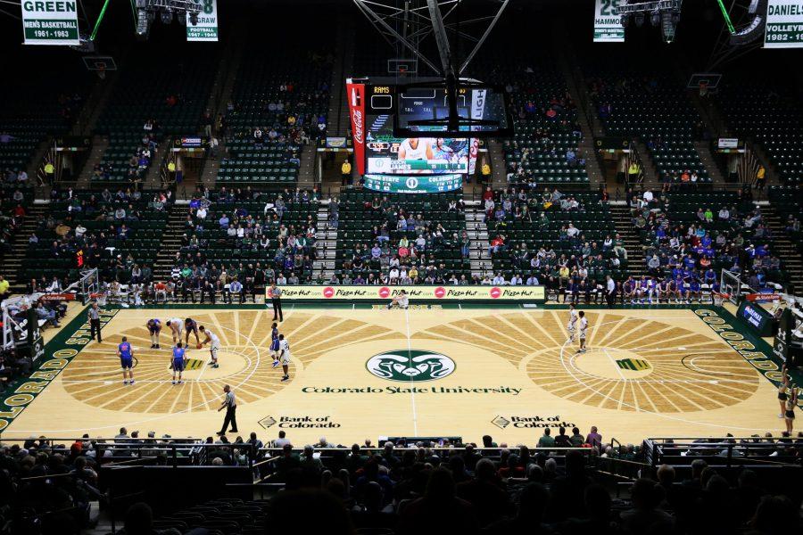 Moby Arena looks empty during the final minutes of a mens basketball game against the Boise State Broncos on Feb. 21. Less than 25 percent of the seats are filled with fans scattered all over the arena. (Elliott Jerge | Collegian)