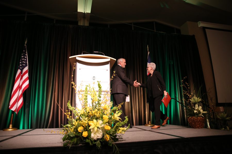 Gina McCarthy, the former director of the Environmental Protection Agency, takes to the podium before her speech at the Lory Student Center on Feb. 28, 2018 at Colorado State University.  (Forrest Czarnecki | The Collegian)