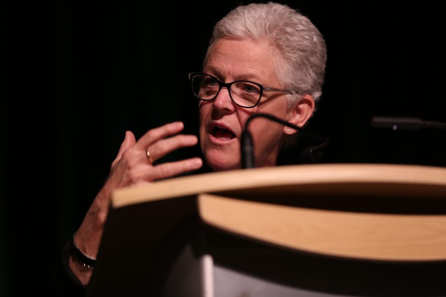 Gina McCarthy, the former director of the Environmental Protection Agency, delivers her speech about environmental policy, public health and the United States' environmental legacy at the Lory Student Center on Feb. 28, 2018 at Colorado State University.  (Forrest Czarnecki | The Collegian)