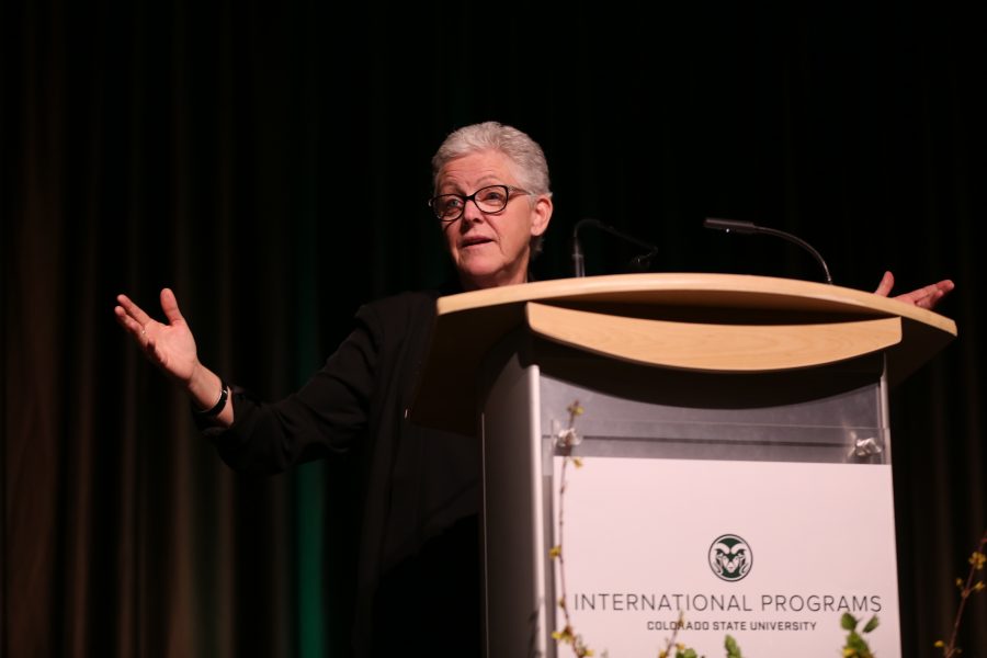 Gina McCarthy, the former director of the Environmental Protection Agency, delivers her speech about environmental policy, public health and the United States' environmental legacy at the Lory Student Center on Feb. 28, 2018 at Colorado State University.  (Forrest Czarnecki | The Collegian)