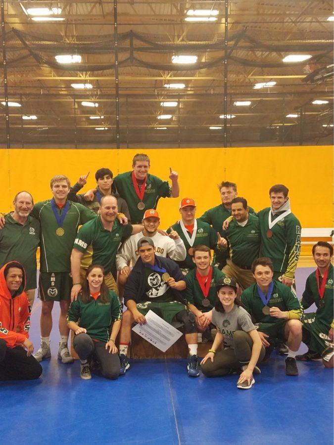 The Colorado State club wrestling team celebrates its conference title at the Great Plains Conference Tournament in Wayne, Neb. on Feb. 24. (Photo courtesy of CSU wrestling)