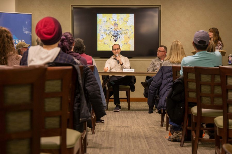 Beekeeper Josh Vaisman speaks about honeybees and pollination at the Defend Our Bees event on February 12, 2018 in th Lory Student Center. (Anna Baize | Collegian)