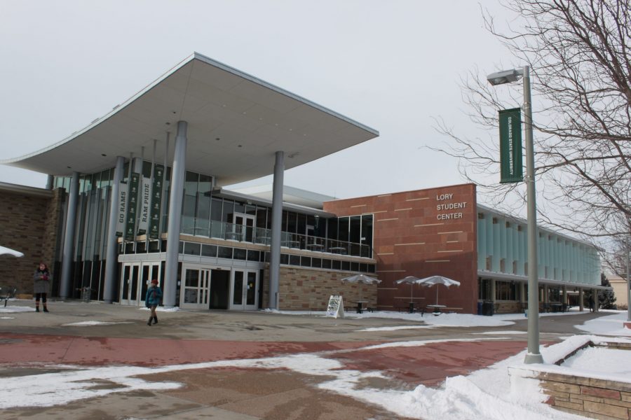 The Lory Student Center stands in snowy weather on Feb. 21st. (Brandon Mendoza| Collegian)