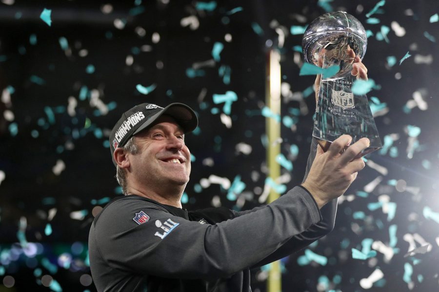 Philadelphia Eagles head coach Doug Pederson hoists up the Lombardi trophy during the ceremony after Super Bowl LII on Sunday, Feb. 4, 2018 at U.S. Bank Stadium in Minneapolis, Minn. The Eagles beat the New England Patriots, 41-33. (Tim Tai/Philadelphia Inquirer/TNS)