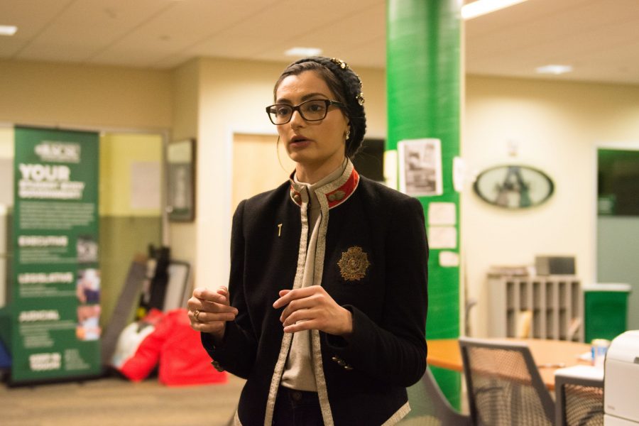 Creator of the Womens Caucus and ASCSU Senator Merall Sherif describes the bills she presented to the ASCSU Senate body on March 7, 2018. (Colin Shepherd | Collegian)