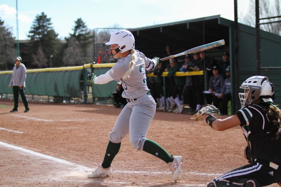 Senior Madison Kilcrease takes a swing during  the game against Utah Valley on March 9. The Rams beat the Wolverines 5-3. (Ashley Potts | Collegian)