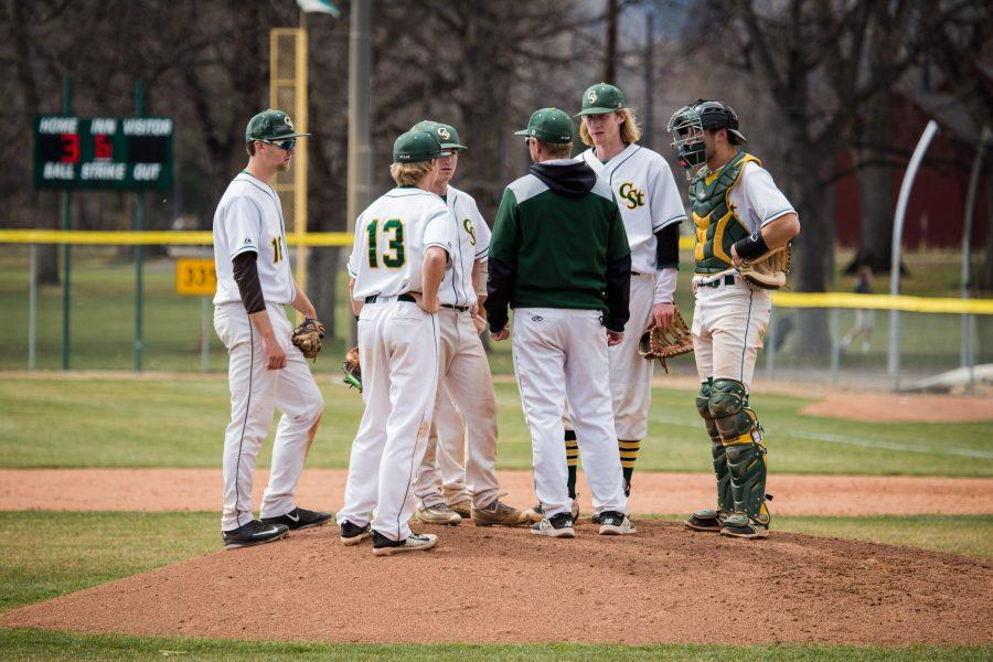 Members of the CSU baseball team have a mound visit during the game on March 31. (Tony Villalobos May | Collegian)