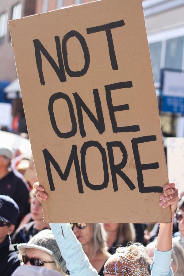 Crowd members hold up signs with gun reform sentiments written on them at the March for Our Lives event on March 24. (Ashley Potts | Collegian)
