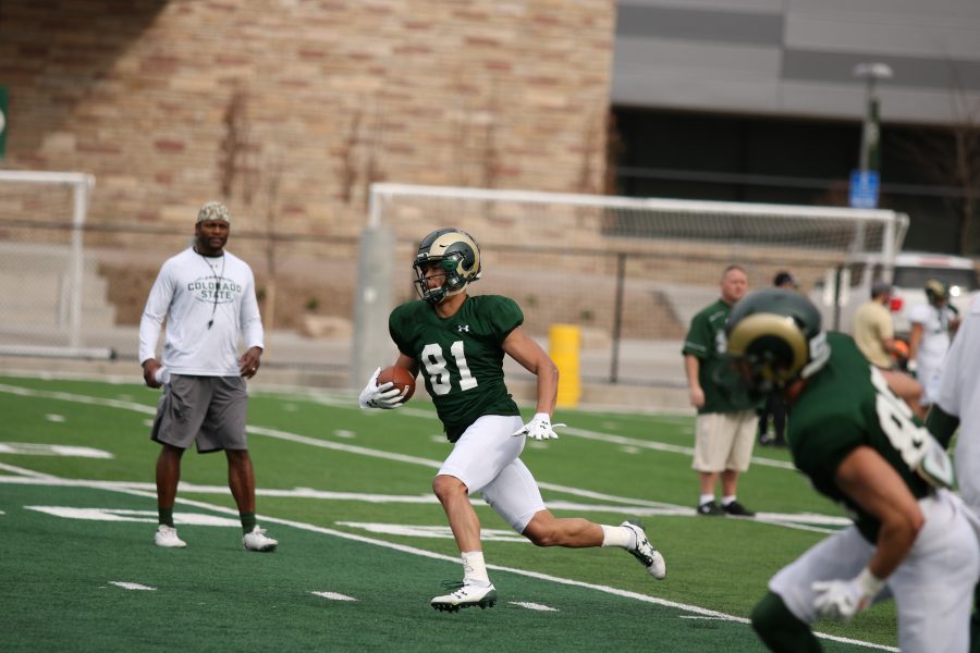 #21 Olabisi Johnson as he runs during practice after a catch. (Collegian | Devin Cornelius)