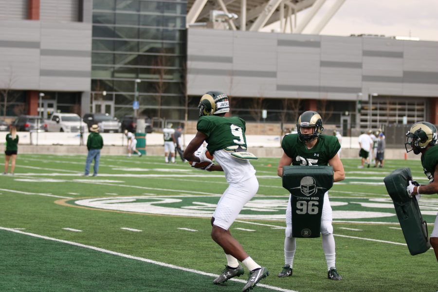 #9 Warren Jackson as he makes a catch during a practice drill. (Collegian | Devin Cornelius)