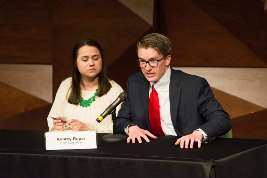 ASCSU Vice President candidate Lynsie Roper and President candidate Liam Aubrey answer questions during the ASCSU Theatre Debate outside of the Lory Student Center on March 21, 2018. (Colin Shepherd | Collegian)