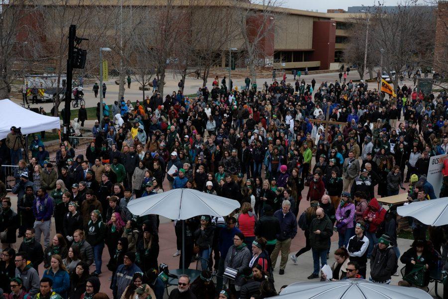 Students, faculty and administrators gather on the CSU plaza Thursday afternoon for CSUnite. (Field Peterson | Collegian)