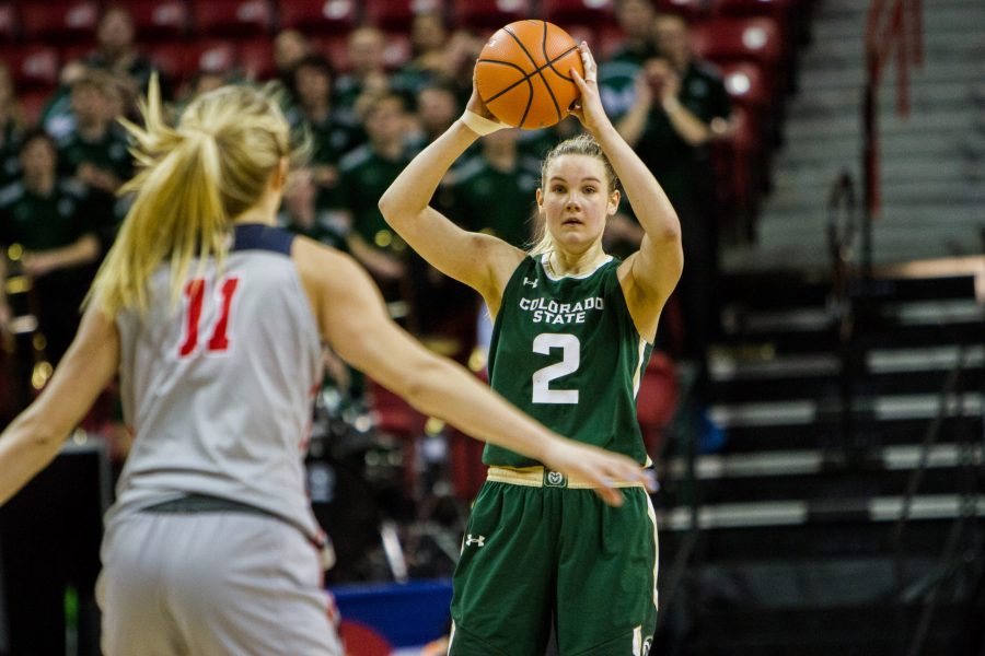 Stine Austgulen (2) looks for an open teammate during the Mountain West Conference game against Fresno State in Las Vegas on March. 6. (Tony Villalobos May | Collegian)