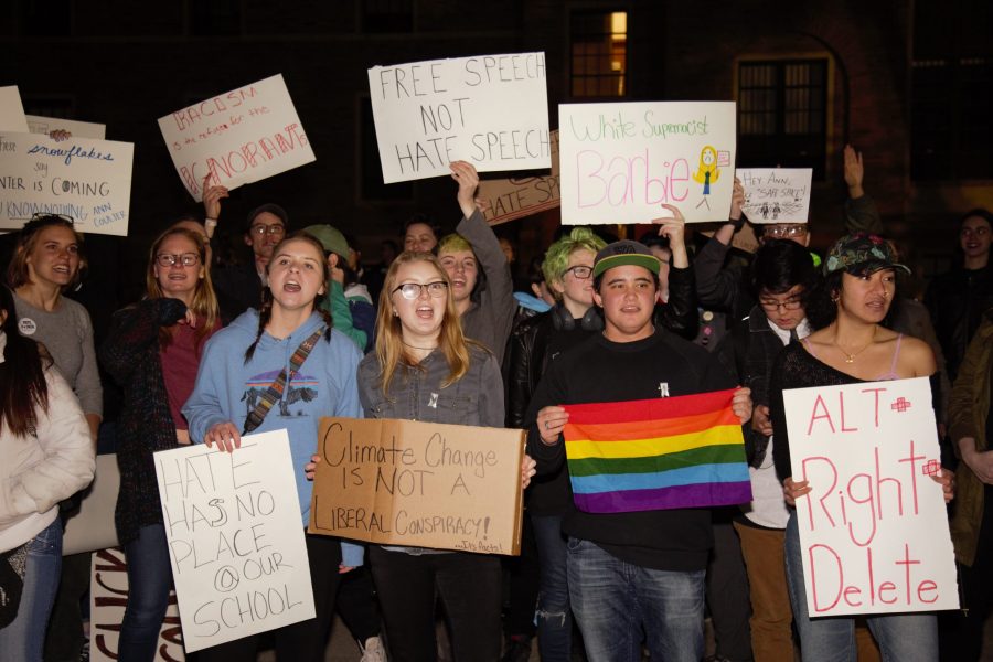 Students, community members and activists gather outside the Cristol Chemistry and Biochemistry building on CU Boulder's campus to protest Turning Point USA's guest speaker Ann Coulter. (Davis Bonner | Collegian)