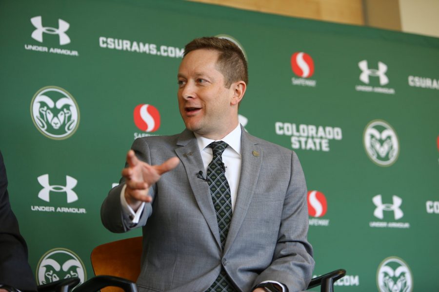 CSUs new basketball head coach Niko Medved fields questions from the media during a press conference Friday morning to officially announce his new position with the university. (Davis Bonner | Collegian)