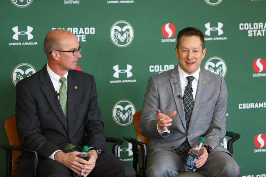 Athletic director Joe Parker and CSU's new basketball head coach Niko Medved field questions from the media during a press conference Friday morning. (Davis Bonner | Collegian)