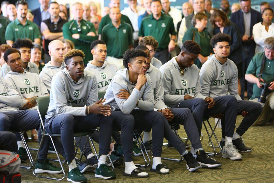 The CSU mens basketball team watches as athletic director Joe Parker and the new basketball Niko Medved field questions during a press conference Friday morning. (Davis Bonner | Collegian)