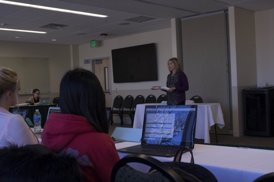 SLiCE director Pamela Norris describes the program's goals to the Student Fee Review Board. They are asking for mandatory increases to better serve the needs of students. (Brooke Buchan | Collegian)