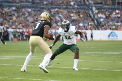 Colorado State Corner Back Anthony Hawkins squares up CU Wide Receiver Shay Fields during the second half of action at the Rocky Mountain Showdown on September 1, 2017. (Elliott Jerge | Collegian)