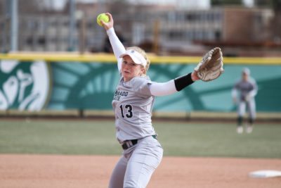 Junior Bridgette Hutton throws a pitch during  the game against Utah Valley on March 9. The Rams beat the Wolverines 5-3. (Ashley Potts | Collegian)