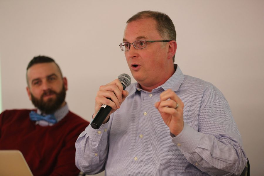 Benjamin Clegg speaks about misinformation, disinformation and information consumption during a panel discussion on Feb. 28 at the Morgan Library.  (Forrest Czarnecki | The Collegian)