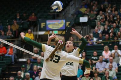 Freshman Katie Oleksak (22) sets a ball for her teammate Kirstie Hillyer (13) in the first set against Fresno State. (Elliott Jerge | Collegian)
