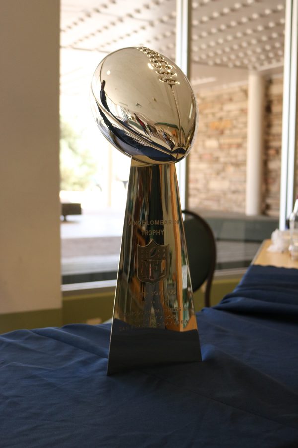 The Denver Broncos Lombardi Trophy from their Super Bowl 50 victory over the Carolina Panthers sits in the LSC. (Devin Cornelius | Collegian)
