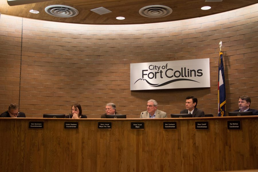 Members of Fort Collins City Council Tuesday night during weekly meeting. The council discussed Item Six on the agenda which is the proposed constuction on the interchange between East Prospect Road and I25 (Erica Giesenhagen | Collegian).