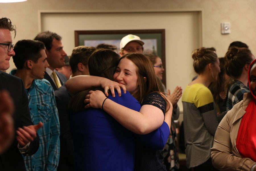 Kyrie Merline hugs ASCSU vice presidential candidate Lynsie Roper after it is announced that the Syron-Sullivan campaign were elected the next ASCSU president and vice president. (Devin Cornelius | Collegian)