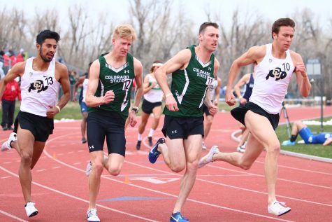 Teammates Blake Yount (right) and Cole Rockhold (left) start the 800m race next to each other on Saturday April 7th at the CU Boulder Track Invitational.(Matt Begeman | Collegian)