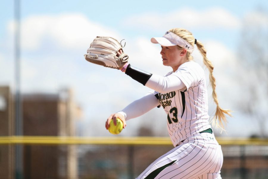 Junior Bridgette Hutton pitches during the Rams third game against the University of New Mexico on Sunday, April 8, 2018. The Rams beat the Lobos 12-4. (Ashley Potts | Collegian)